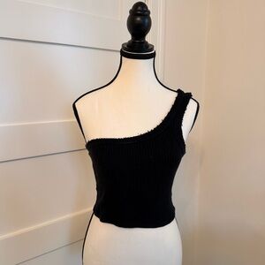 One-Shoulder Black Ribbed Knit Crop Top XS